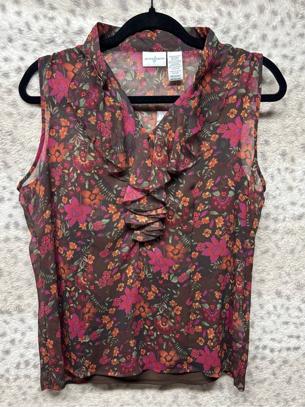 Y2K JACLYN SMITH RUFFLE FRONT SHEER SLEEVELESS TOP